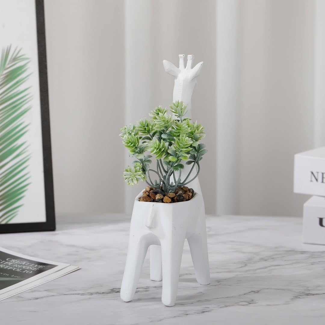 A beautiful minimalist geometric animal simulation potted plant sculpture. This is an ideal creative and unique decoration item, suitable for both home and office use. (White giraffe figurine)