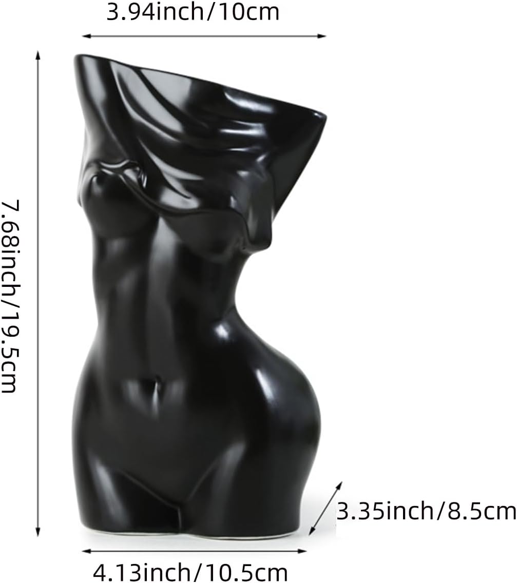 Black Female Body Vase - Unique Undressing Ceramic Flower Planter, Modern Curved Art Sculpture for Home Decor, Table, Shelf & Desk 7.68inches (Black)