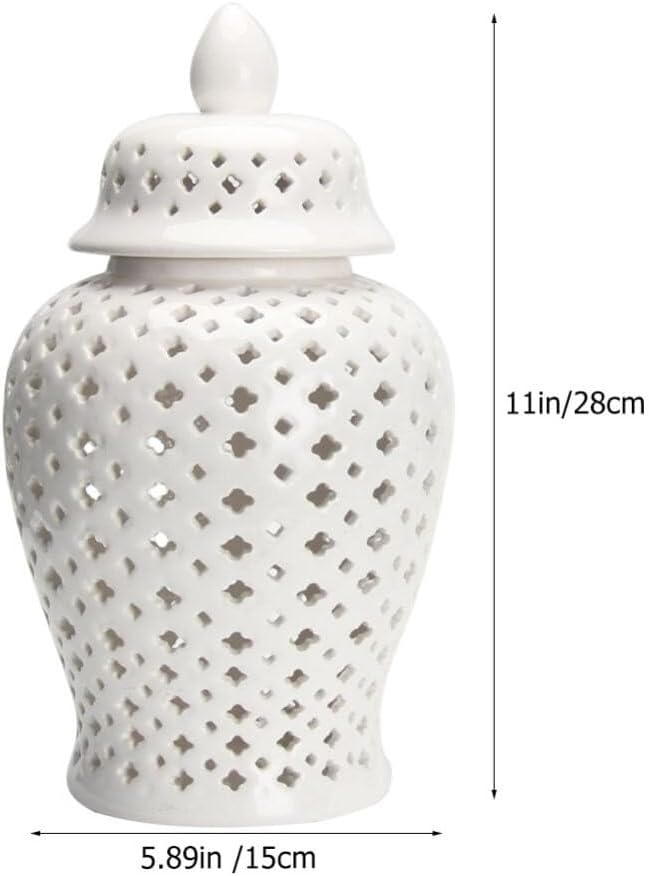 VOSAREA Ginger Jar Traditional Pierced Ginger Jar with Lid Ceramic Vase Carved Lattice Decorative Temple Jar White Ginger Jars for Home Decor