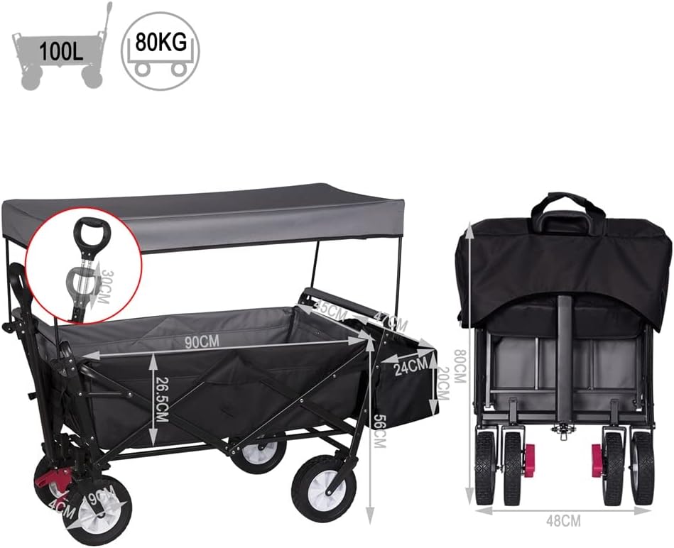 JSEIAJB Folding Garden Trolley Cart with Roof Wheels Brake Transport Metal Steel Trolley for Sun Protection Garden Camping