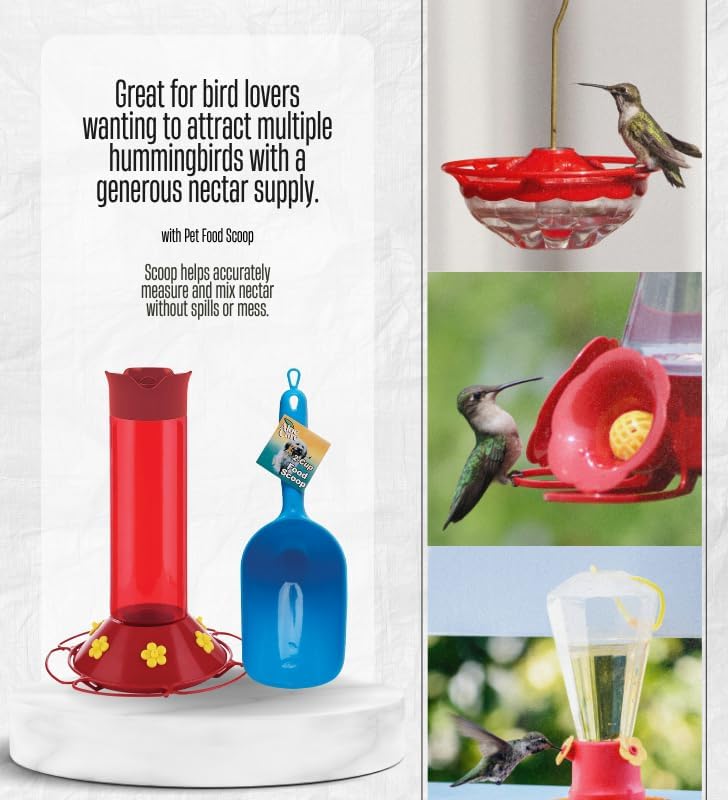 Perky-Pet Hummingbird 30 oz Plastic Nectar Bird Feeder 6 Ports Bundle with Pet Food Scoop – Wide-Mouth Design for Easy Filling, Red Base with Yellow Accents, 6 Feeding Stations – Gift Set (2 Items).