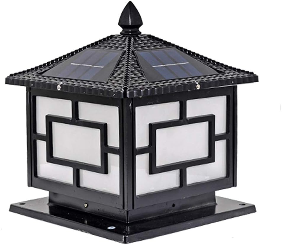 Vintage 25CM Solar Column Headlight Remote Control Outdoor Waterproof Garden Light Home Door Chinese Villa Wall Lamp Acrylic Lampshade Two-Color Source Deck Patio(Black)