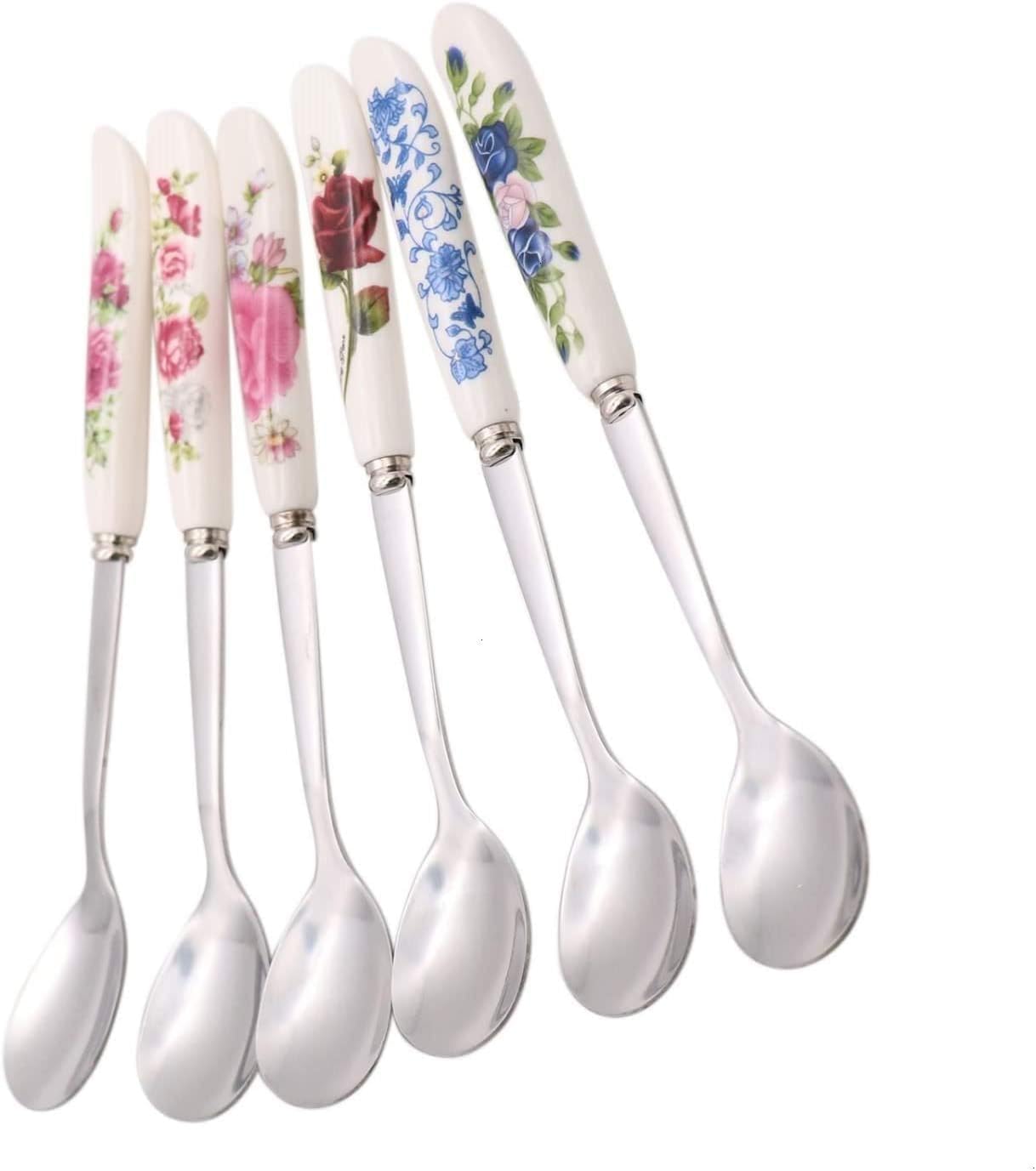 6 Pack Stainless Steel Coffee Spoon Ceramic Handle Teaspoon Sugar Ice Cream Desert Spoon Stirring Soup Tableware