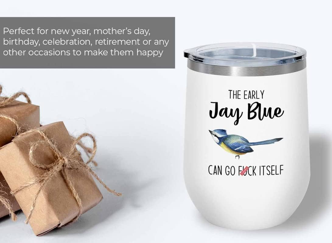Bird Lover White Edition Wine Tumbler 12oz - Early jay blue go - Hummi