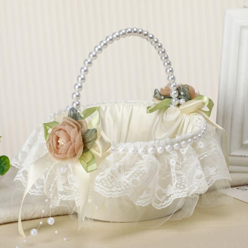 Wedding Flower Girl Basket with Pearl Handle,Satin Flower Storage Basket for Wedding Home Garden Decor (5852, 1)
