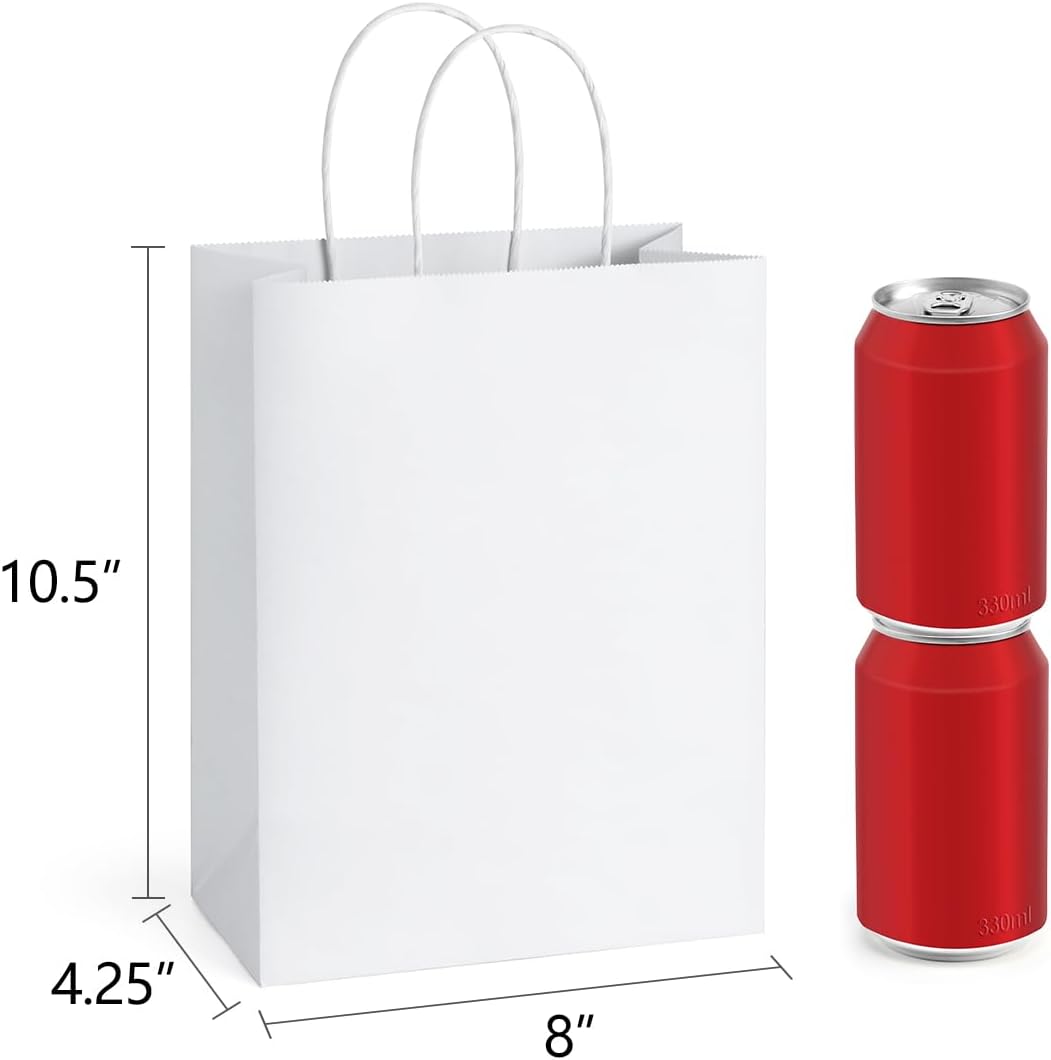 BagDream 25Pcs White Gift Bags 8x4.25x10.5 Kraft Paper for Gifts, Shop