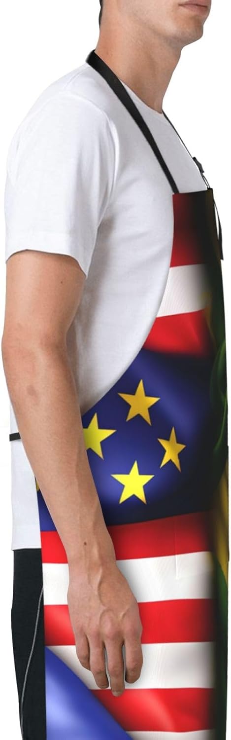 American and Brazilian Flags Print Laundry apron 28x33 In Waterproof Kitchen Apron with Pockets for Cooking Baking