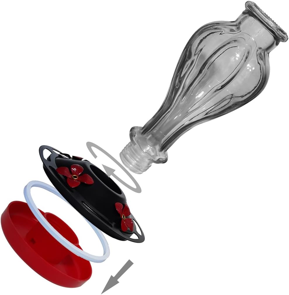 Hummingbird Feeder for Outdoors Hanging - Red Glass Nectar Feeding Bottle Including Clear Ant Moat - 24 OZ (710ml), 4 Red Flower Ports, Black Cover