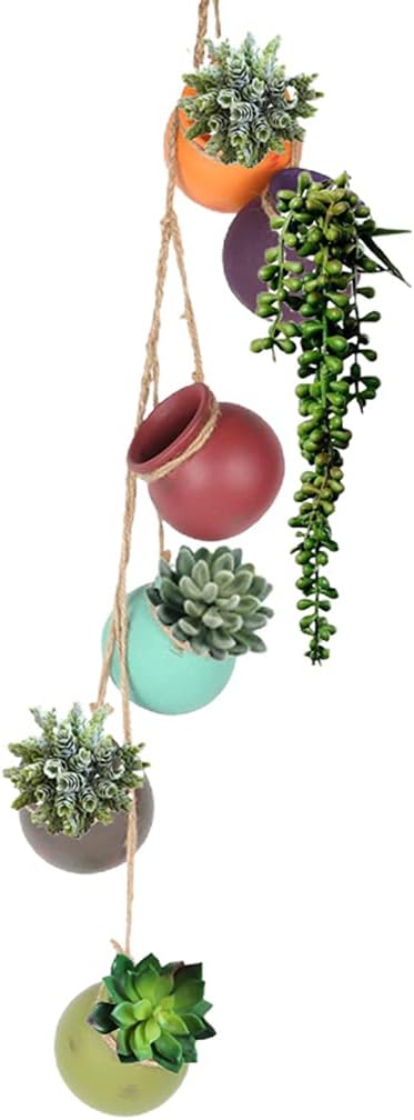 6 Pot Mixed Bright Rainbow-Color Hanging Ceramic Planter Set with Drain Hole Suitable for Succulent Flower Cactus Plant