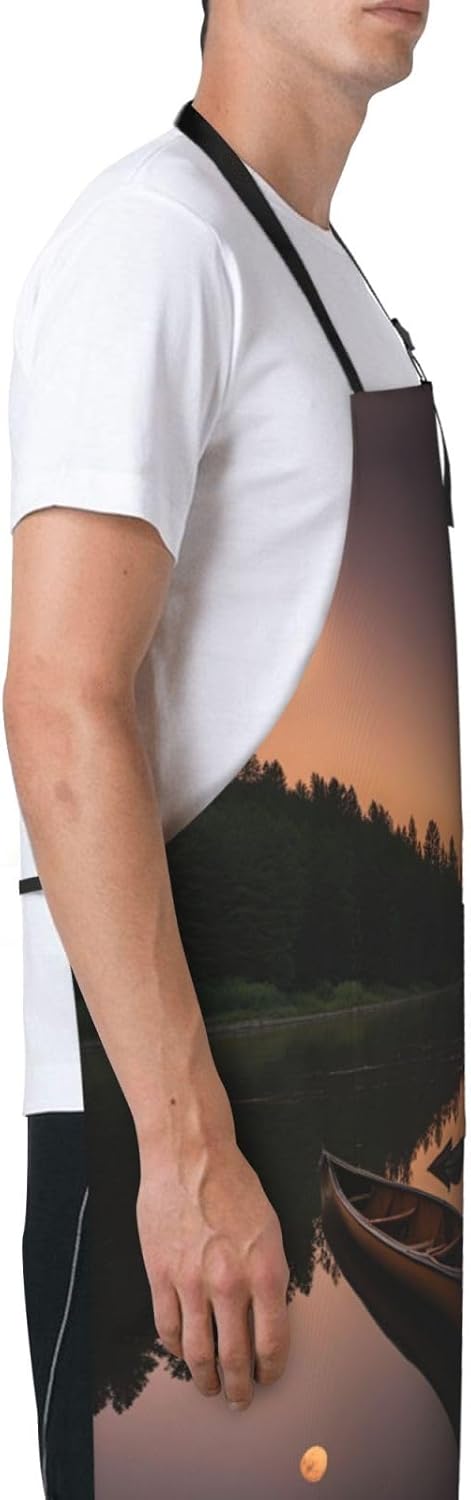 Moonlit Canoe Allagash River print Waterproof chef's apron with pocket apron for kitchen cooking baking barbecue and gardening