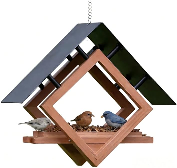 Wooden & Heavy Duty Metal Hanging Bird Feeder Outdoor, Squirrel Proof Wild Bird Feeder, Iron Art Decor for Garden Yard Patio
