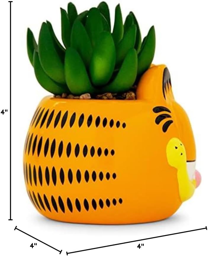 Garfield 4-Inch Ceramic Planter with Artificial Succulent | Cute Flower Pot, Faux Indoor Plants