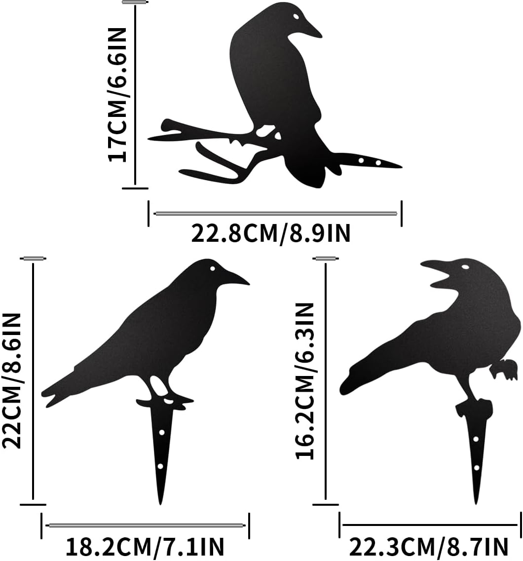 Black Metal Raven Decor ，3PCS Outdoor Raven Yard Fence Decorations ，Metal Birds Craft Ornaments Garden Fence Topper Outdoor Yard Art