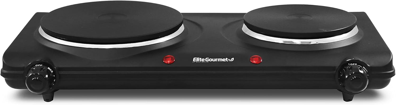 Elite Gourmet EDB-302BF Countertop Double Cast Iron Burner, 1500 Watts