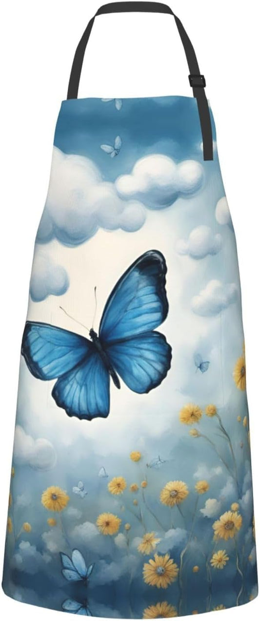 blue butterfly and Clouds print Waterproof chef's apron with pocket apron for kitchen cooking baking barbecue and gardening