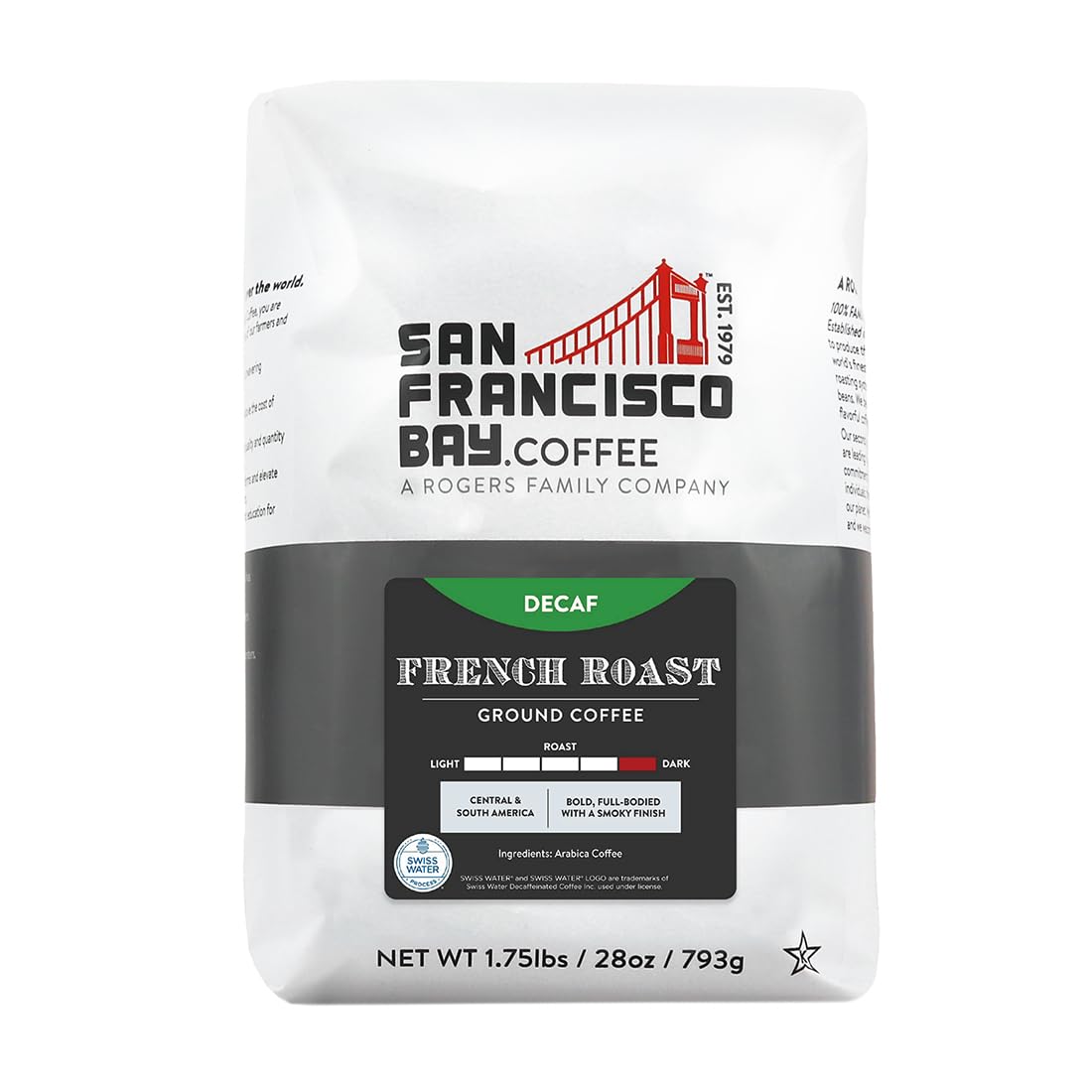 San Francisco Bay Coffee - Decaf Dark Roast - Decaf French Roast (28 oz bag) - Ground Coffee, Swiss Water Processed