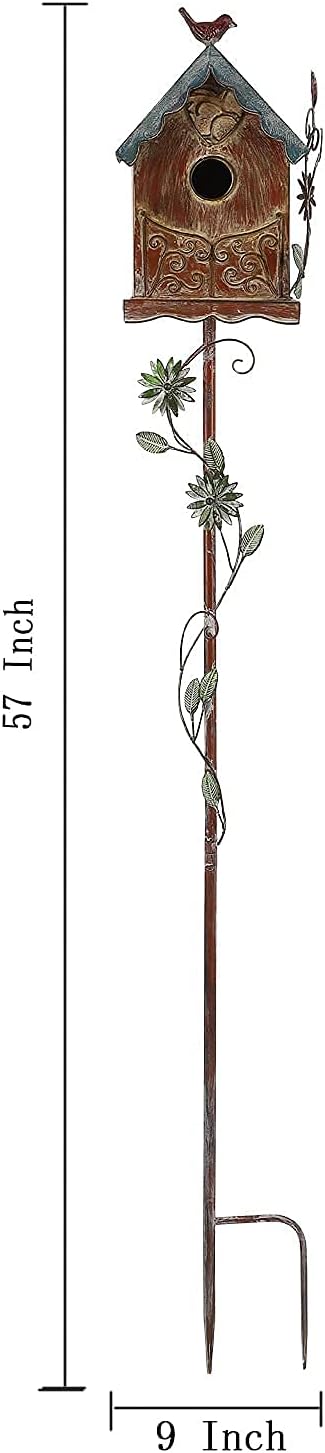 Baroque Cottage Bird House Stake for Outside with Pole, Distressed Metal Birdhouse Stand for Outdoor Garden,Purple