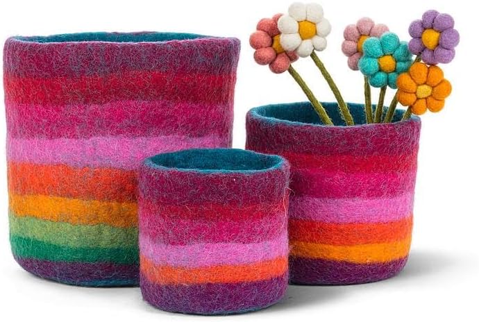 Abbott Collection Nepal Rainbow Stripe Planters/Storage Pots. Set of 3 - Wool Felt, Multicolor (4-7" D)