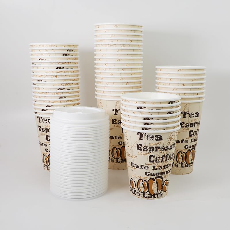 Amazon Basics to Go Hot Paper Coffee Cups with Lids, 12 oz, Café Design, Disposable, 100-Count