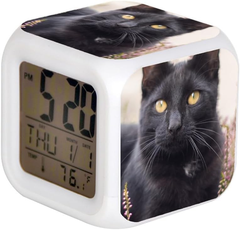 7 Colors LED Alarm Clock Digital Thermometer Alarm Clock Night Light for Kids Bedroom Home Decor Black Cat on Planters Pot