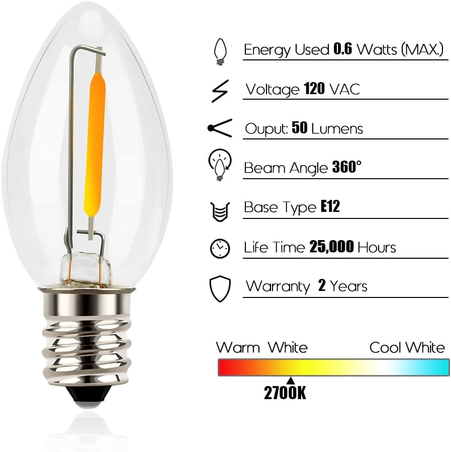 Emotionlite Night Light Bulbs, C7 Candelabra LED Light Bulbs, E12 Chandelier Base, 4W 5W 6W 7W Incandescent Equivalent, Warm White, 2700K, Clear, 4 Pack