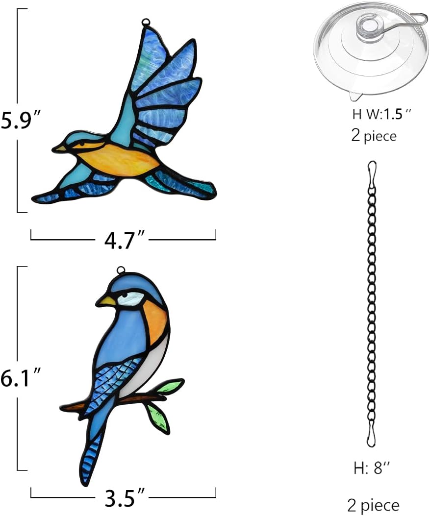 BOXCASA Blue Birds Decor Stained Glass Suncathers for Window,Stained Glass Bird Window Hanging,Birds Gifts for Bird Lovers,Birthday Gift for Women Mom Grandma
