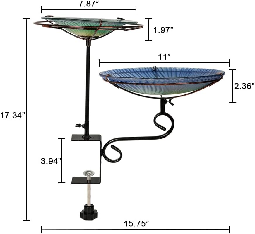 2-in-1 Deck Mounted Bird Bath for Outside Glass Birdbath Bowl & Birdfeeder with Adjustable Sturdy Metal Clamp for Railing Balcony 11" Dia, Blue