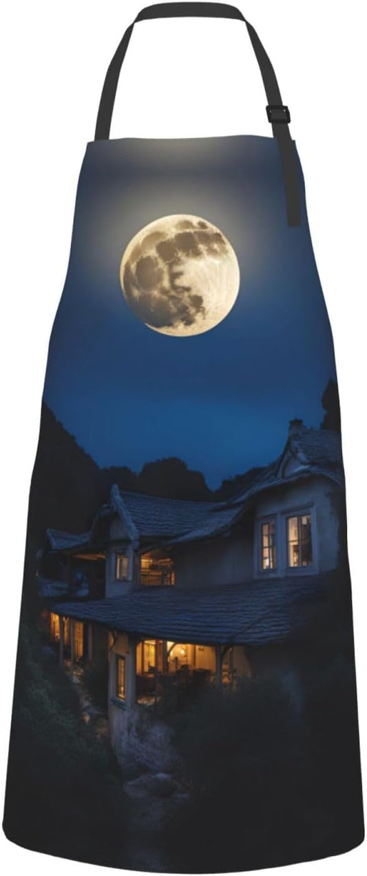 Full Moon in Night print Waterproof chef's apron with pocket apron for kitchen cooking baking barbecue and gardening