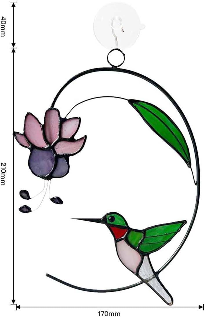 Handcrafted Hummingbird Stained Glass Window Hanging - Suncatcher With Blooming Fuchsia Flower for Window Decor - Gift for Mom and Bird Lovers