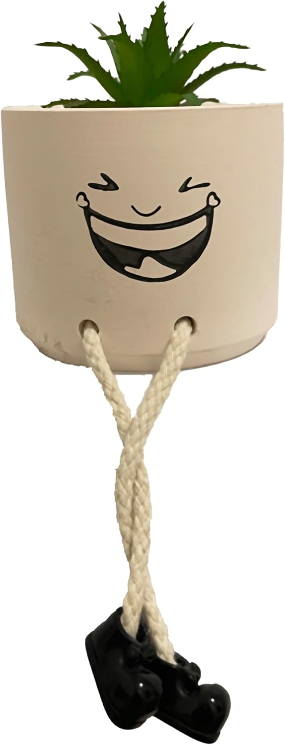 Artificial Succulents Potted Plant, Beige Cute Ceramics Planter with Faux Plants, Small Fake Plants Office Decor for Women Small Plants Pot with Hanging Leg for Shelf Decor