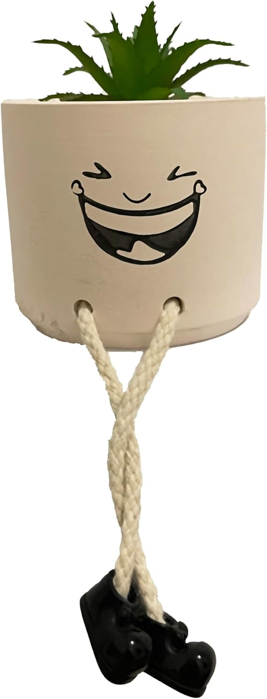 Artificial Succulents Potted Plant, Beige Cute Ceramics Planter with Faux Plants, Small Fake Plants Office Decor for Women Small Plants Pot with Hanging Leg for Shelf Decor