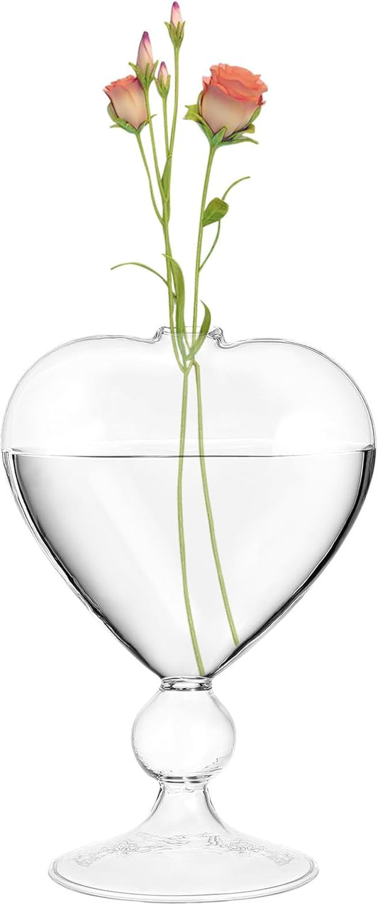 Yardwe Heart Shaped Glass Vase with Base 6.24 Inch Transparent Hydroponic Planter for Home Office Desk Plant Container Decorative Flower Holder
