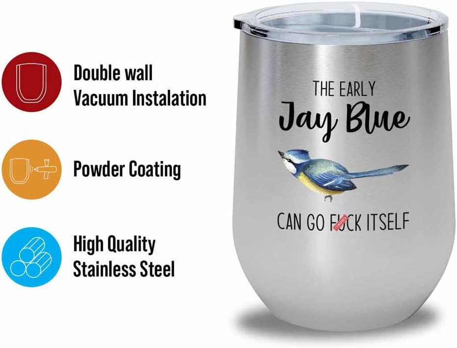Bird Lover Silver Edition Wine Tumbler 12oz - Early jay blue go - Humm