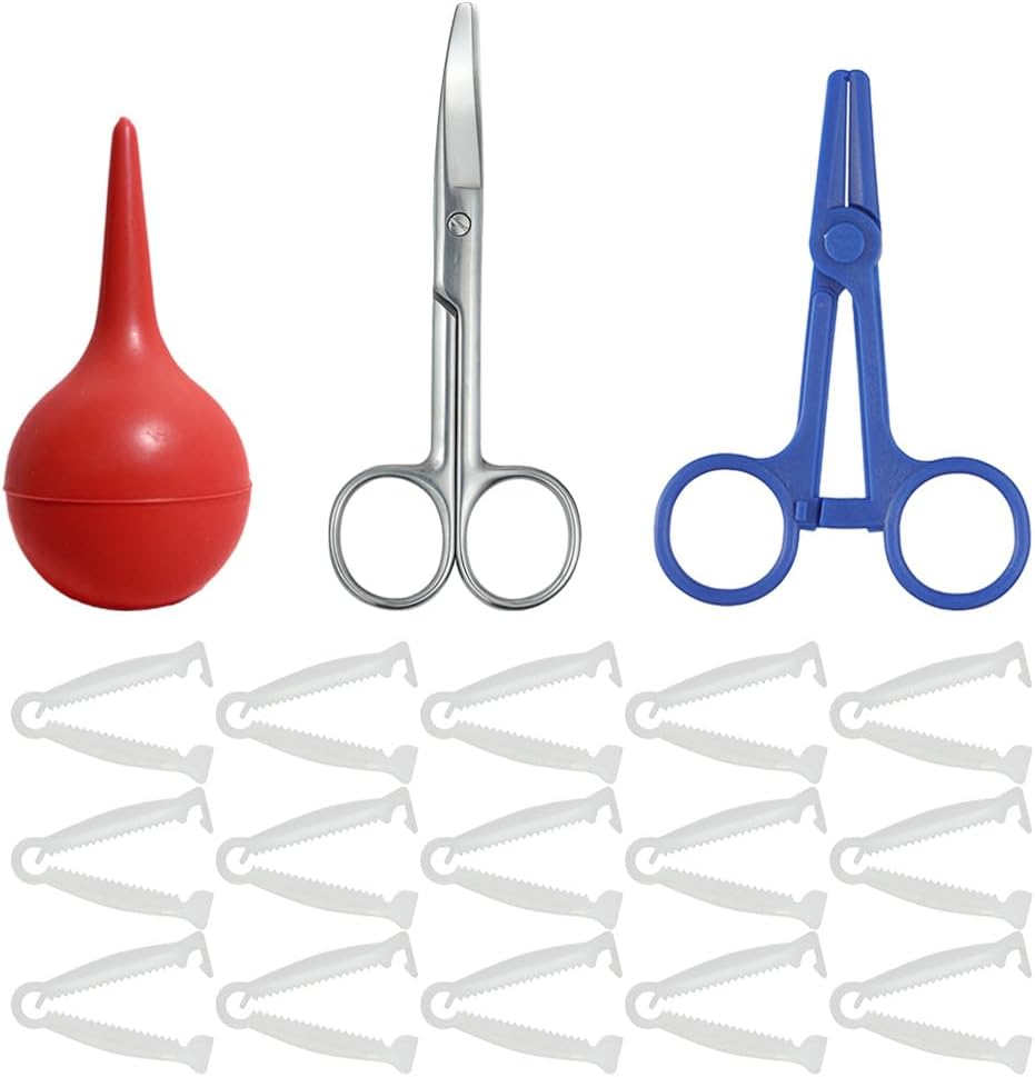 Animal Birth Kit with Curved Scissors | Disposable Umbilical Clamps, H