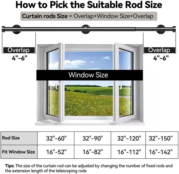 YaFex Heavy Duty Curtain Rods 32-150 Inch, 1 Inch Adjustable Black Curtain Rod for Windows, Extra Long Window Treatment Rods with Aluminium Finials, Easy Installation