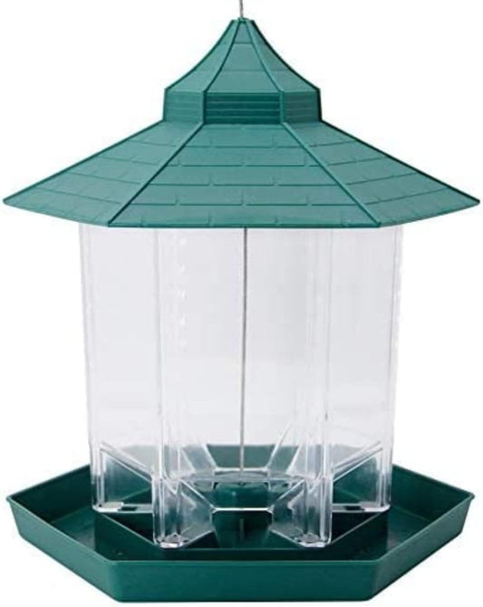 Panorama Wild Bird Feeder Squirrel Proof Hexagon Shaped with Roof Hanging Feeder Outdoor Yard Decoration, Green