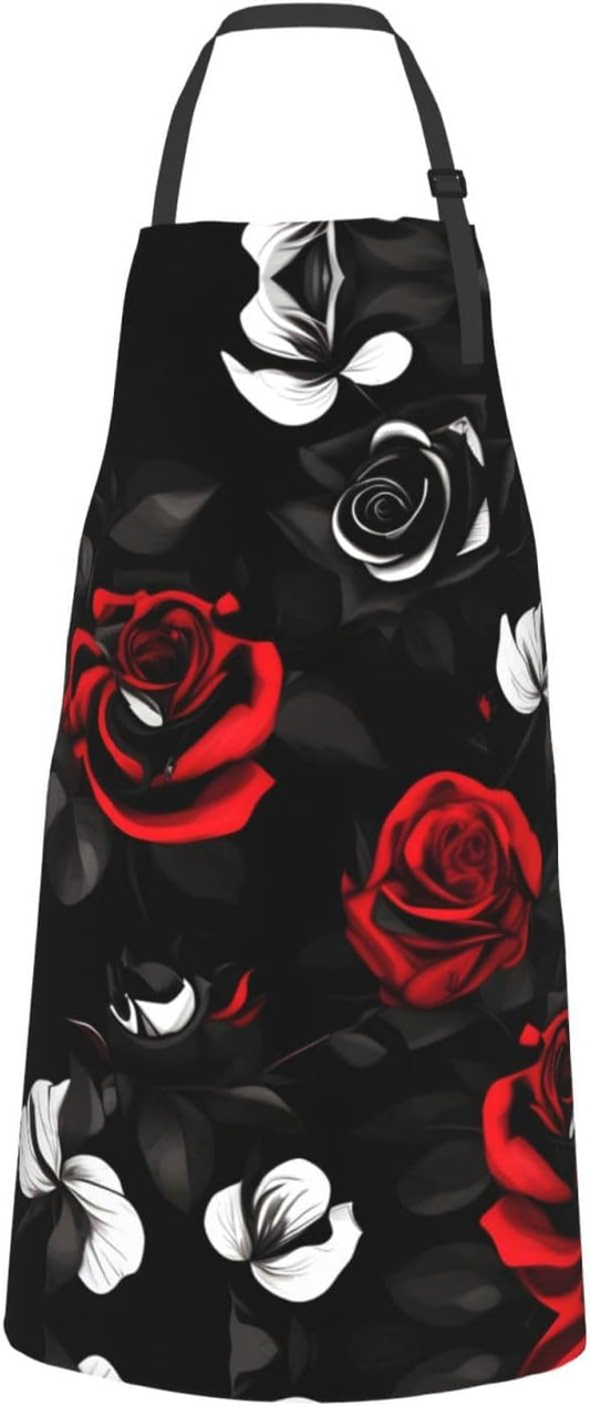Black White and Red Roses Print Laundry apron 28x33 In Waterproof Kitchen Apron with Pockets for Cooking Baking