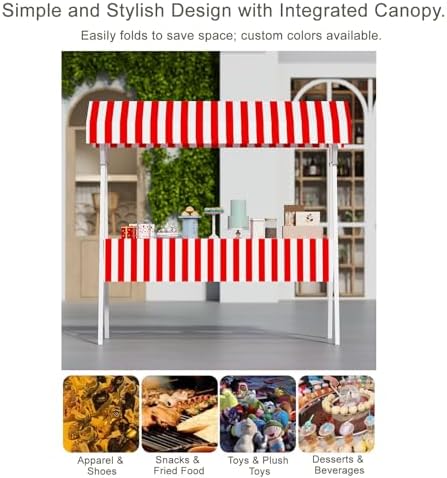 Portable Food Cart with Striped Canopy, 59in Yellow Street Vendor Stand on Wheels, Market Stall for Outdoor Events & Festivals, Mobile Food Trailer