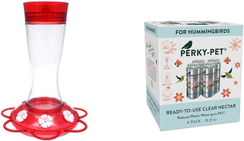 More Birds Bird Health+ Garnet Glass Hummingbird Feeders for Outdoors, 5 Feeding Stations, 20 oz + Perky-Pet 522 Ready-to-Use Clear Hummingbird Nectar in 4 Cans, 16 oz Each Recyclable Aluminum Can