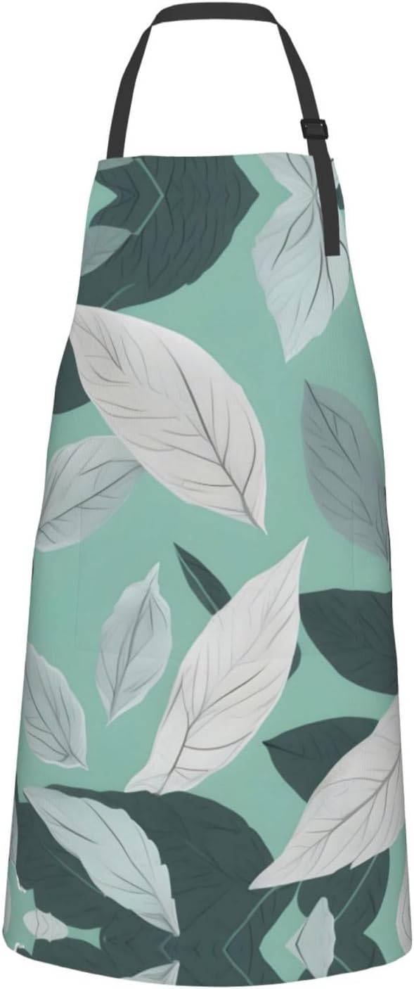 Mint Gray Leaves Print Laundry apron 28x33 In Waterproof Kitchen Apron with Pockets for Cooking Baking