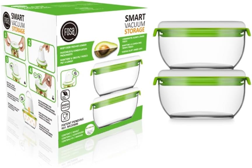 FOSA Vacuum Seal Food Storage System Reusable Medium Containers, 2 pack, 600ml size (Vacuum Pump not Included)