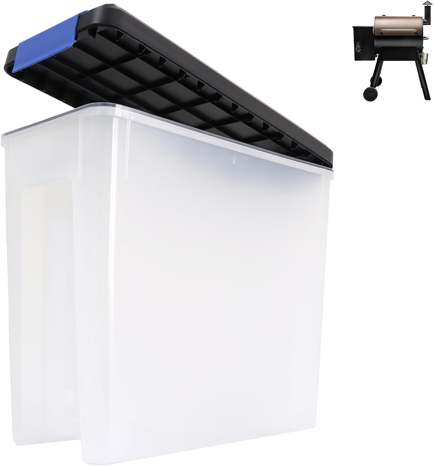 DcYourHome BAC637 Pellet Storage Bin for Traeger Grills, 22lb Capacity Keep Dry Containers with Locking Lid for Dog Food,Charcoal,Birdseed, Stackable Design Buket for Traeger Smoker Accessories