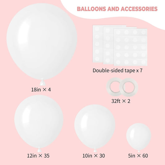 RUBFAC 129pcs White Balloons Different Sizes 18 12 10 5 Inch for Garland Arch, Latex Balloon for Engagement Wedding Anniversary Birthday Party Baby Shower Decoration