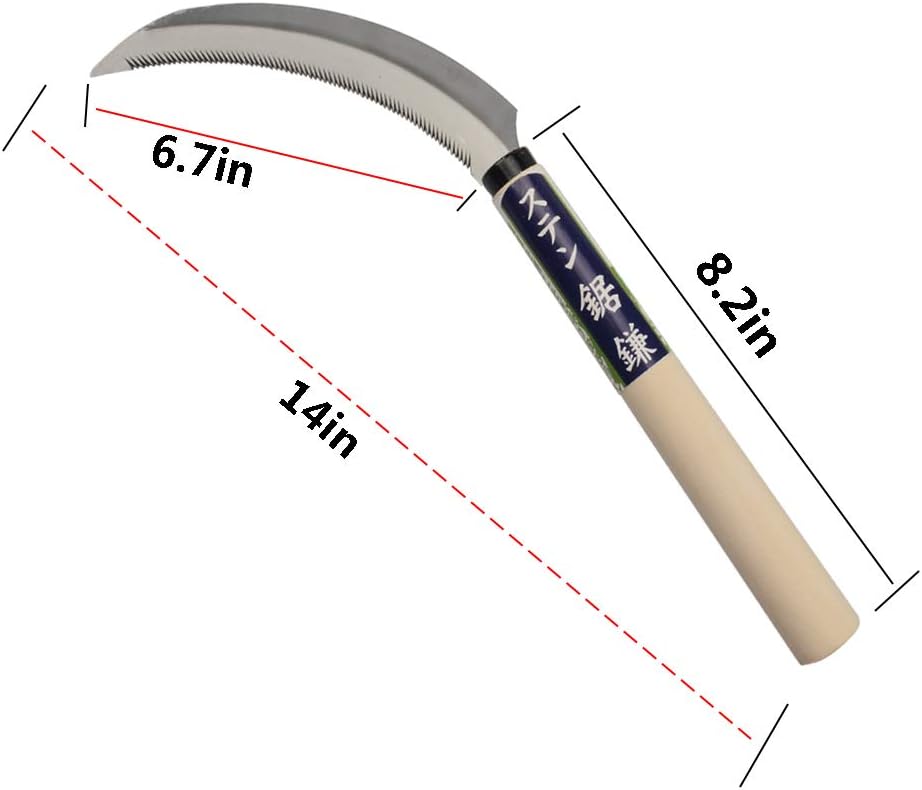 KEYI Grass Sickle, Hand held Sickle Tool with Wooden Handle, Light Serration, 6.5-Inch Stainless Steel Blade