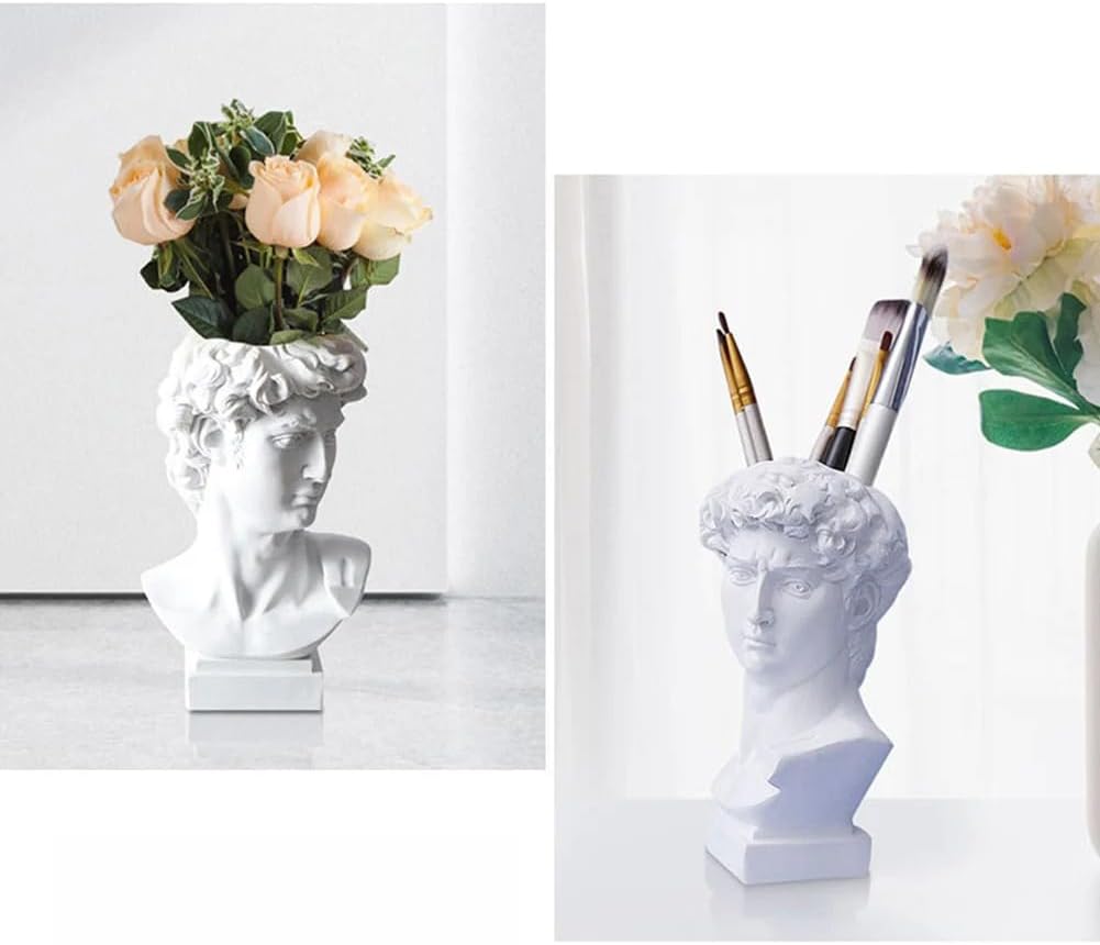 Queenbox 6.3x3.5in David Resin Bust Figurines Vase, Face Pot Heads Planter Container Holder, Classic Italy Art Statue Sculpture, White L