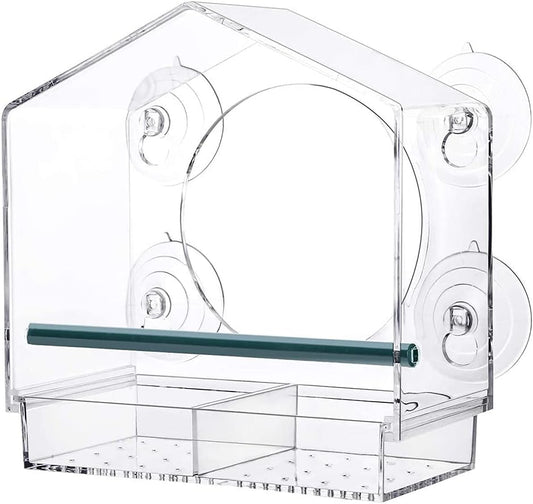 Acrylic indo Bird Feeder Large Size ith Suction Cup Detachable Seed Tray ith Drain Hole Bird House for Bird atching