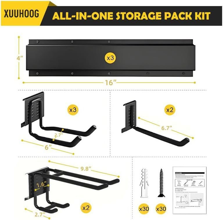 48-inch Garage Tool Organizer Wall Mount with Storage Shelves - Heavy Duty Adjustable Steel Hooks & Tracks for Power Tools, Garden Tools, Broom Holder - 350 lbs Capacity Rust Resistant 7 Hooks