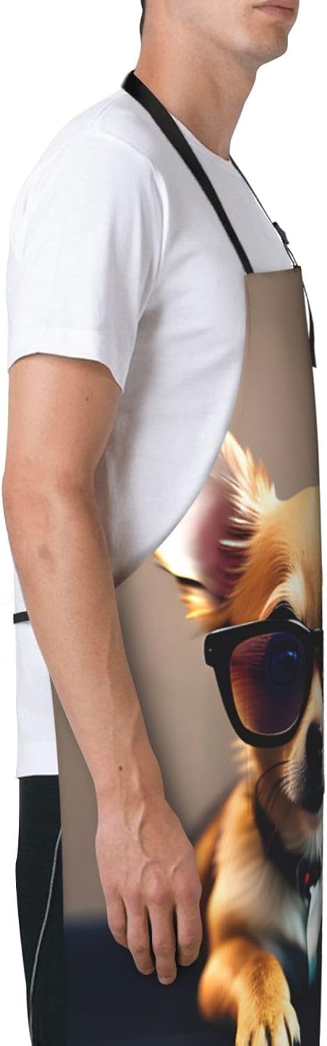 Chihuahua Dog Glasses 1 print Waterproof chef's apron with pocket apron for kitchen cooking baking barbecue and gardening