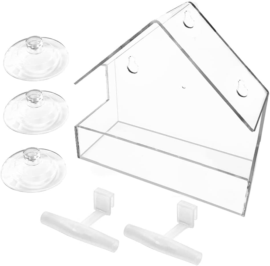 Window Bird Feeder 2 Pack, Bird House for Outside with 2 Rod, Small Acrylic Window Bird Feeder with Strong Suction Cups and Drain Holes 5.9 * 2.4 * 5.9 inch