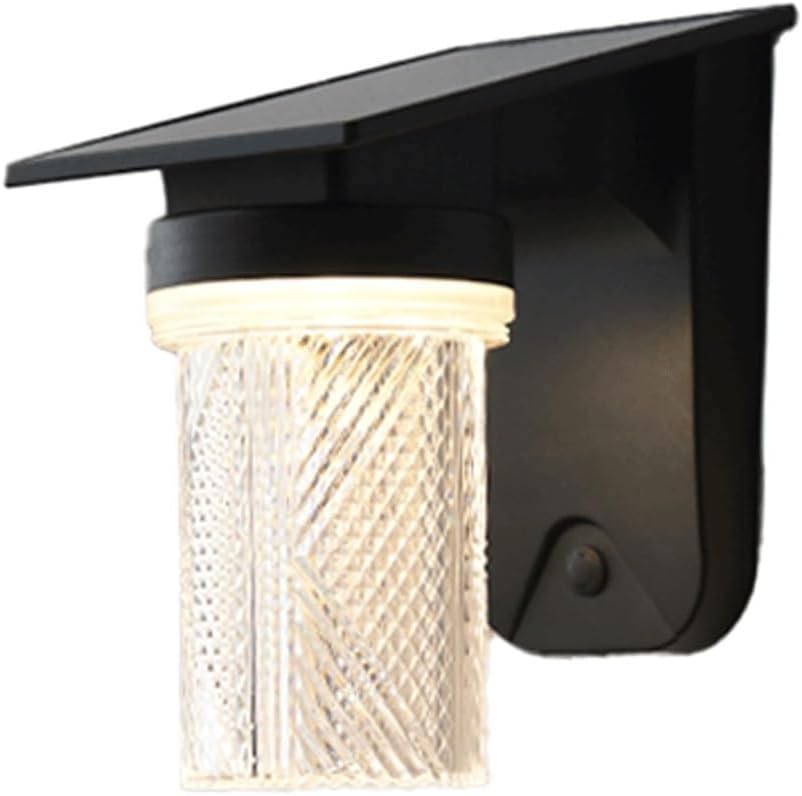 Solar Wall Lantern, Outdoor Wall Sconce, Exterior Wall Light, IP65 Black ABS PC with Textured Shade, Rechargeable 3 Color LED for Porch Garden Patio Balcony Villa Entryway Gate Cottage